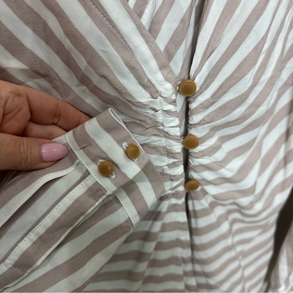 Anthropologie Maeve Striped Blouse Shirt Tan White Side Button - Picture 3 of 6